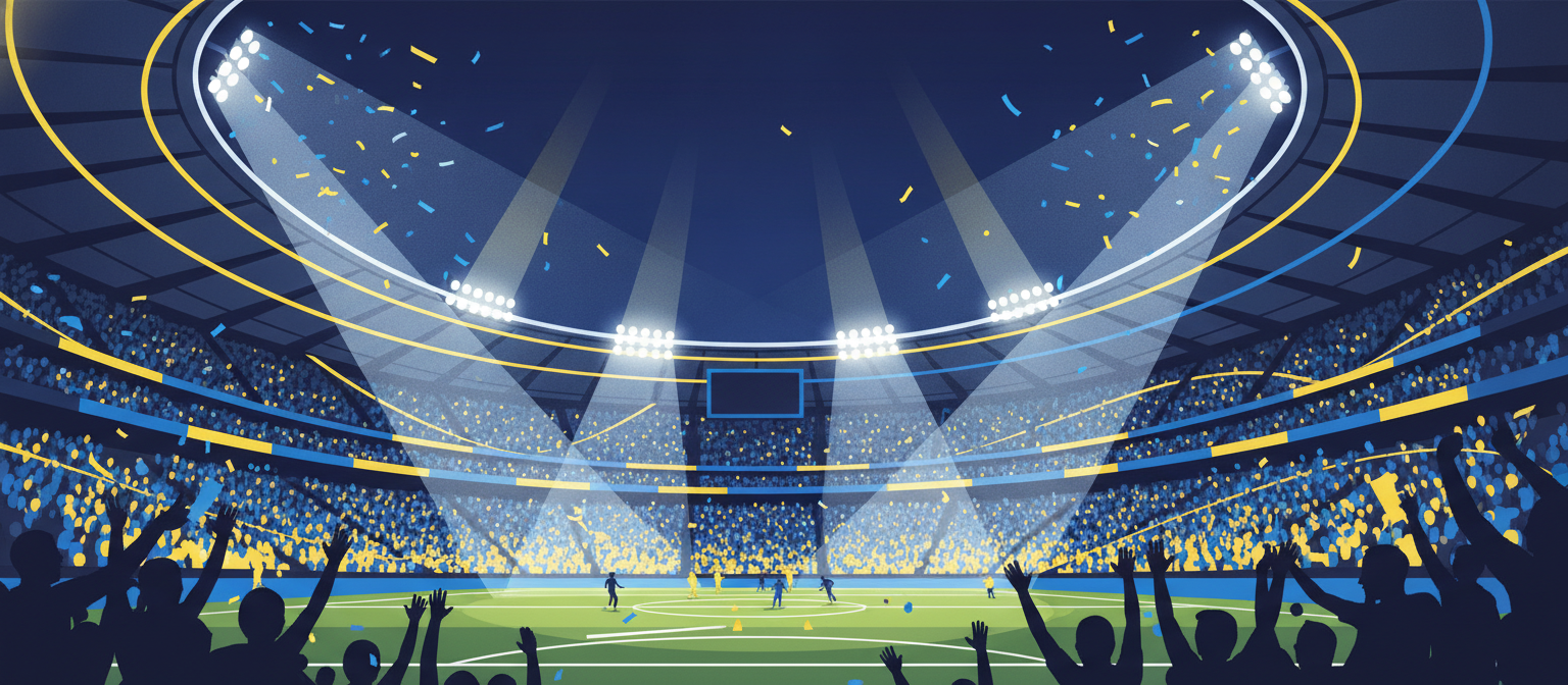 Illustration of a yellow and blue Saudi football stadium representing Al Nassr streaming