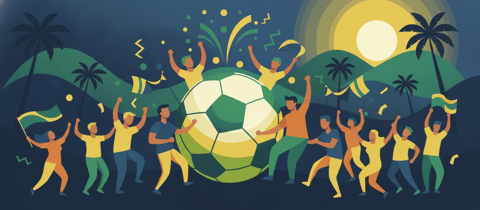 Illustration of a yellow and green football scene representing Brazil national team streaming