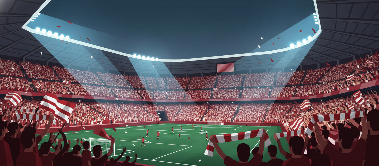Illustration of a red and white football stadium representing Sevilla streaming