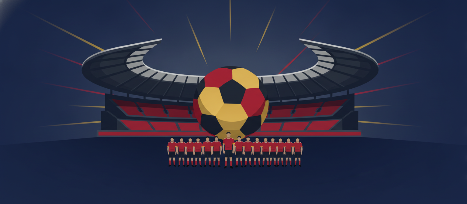 Illustration of a black red and gold football scene representing Germany national team streaming