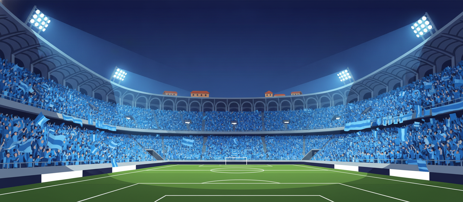 Illustration of a sky-blue football stadium representing Napoli streaming