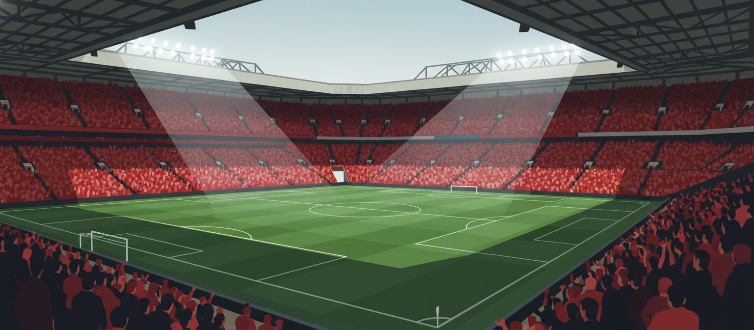 Illustration of a football stadium with red fans representing Manchester United streaming