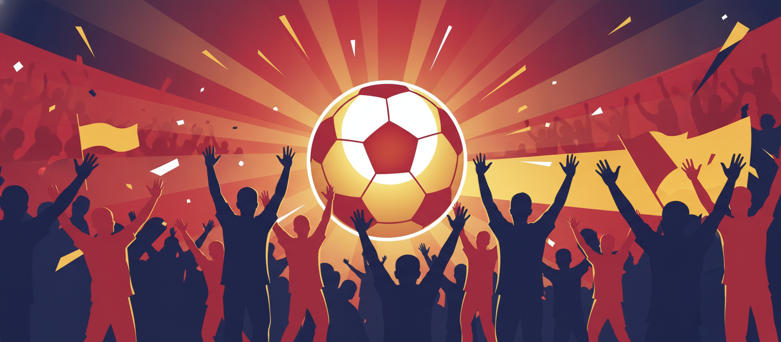 Illustration of a red and gold football scene representing Spain national team streaming