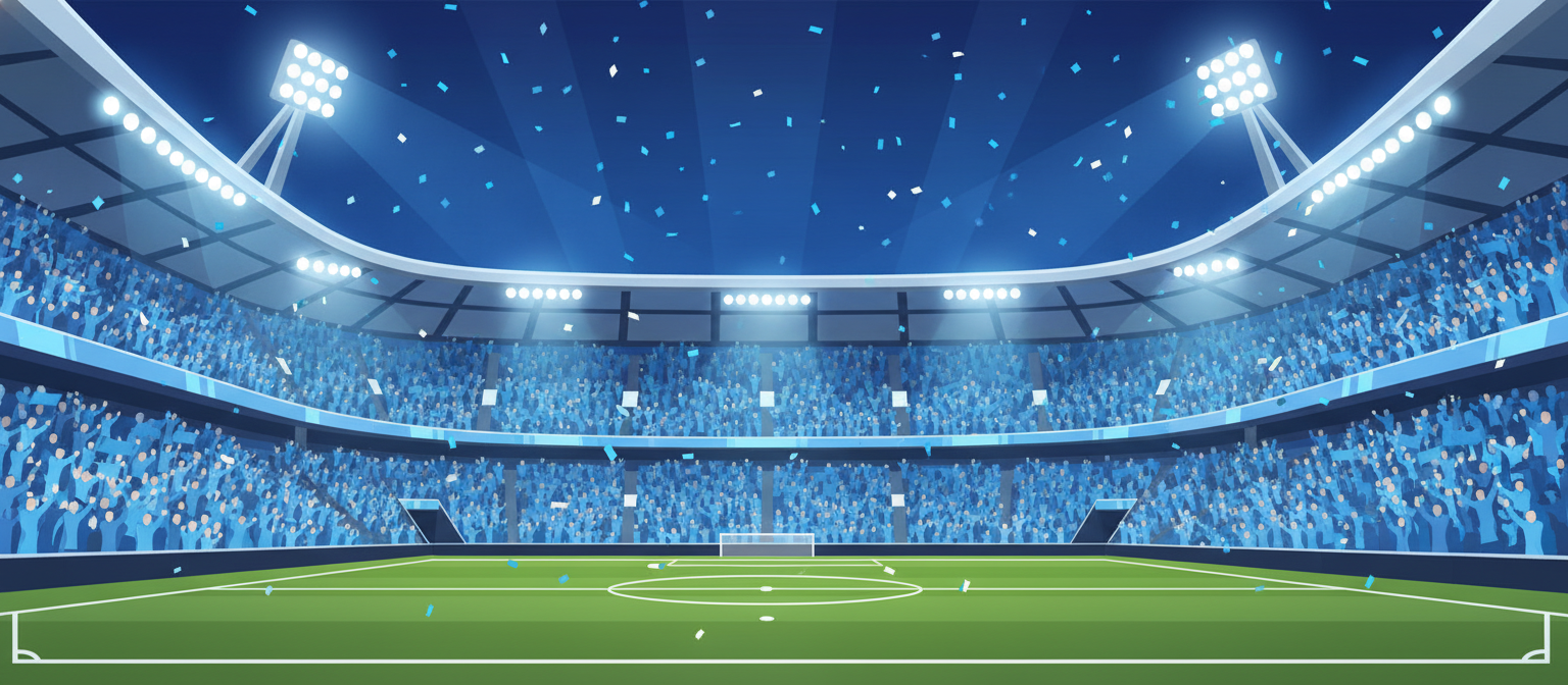 Illustration of a sky-blue football stadium representing Manchester City streaming