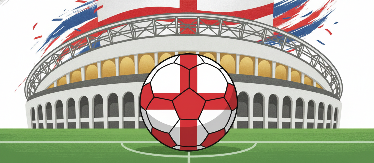 Illustration of a red and white football scene representing England national team streaming