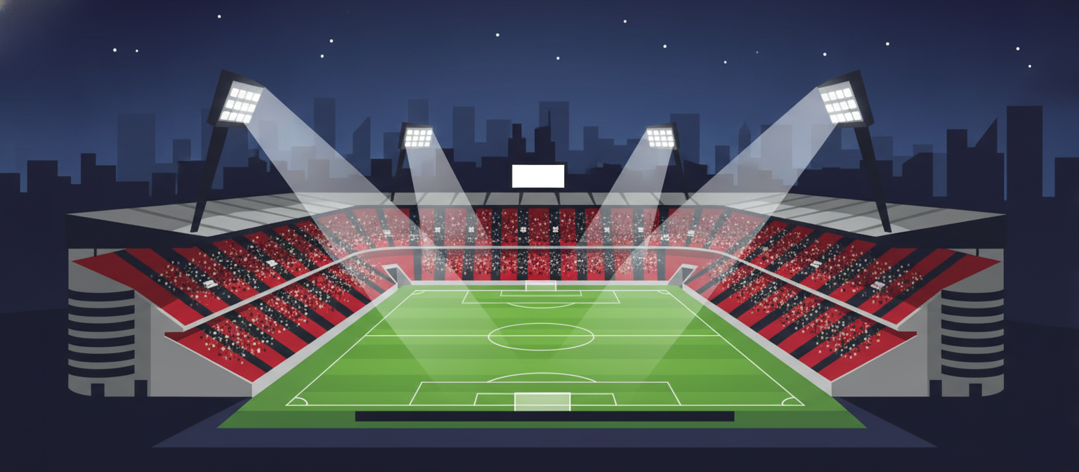Illustration of a red and black football stadium representing AC Milan streaming