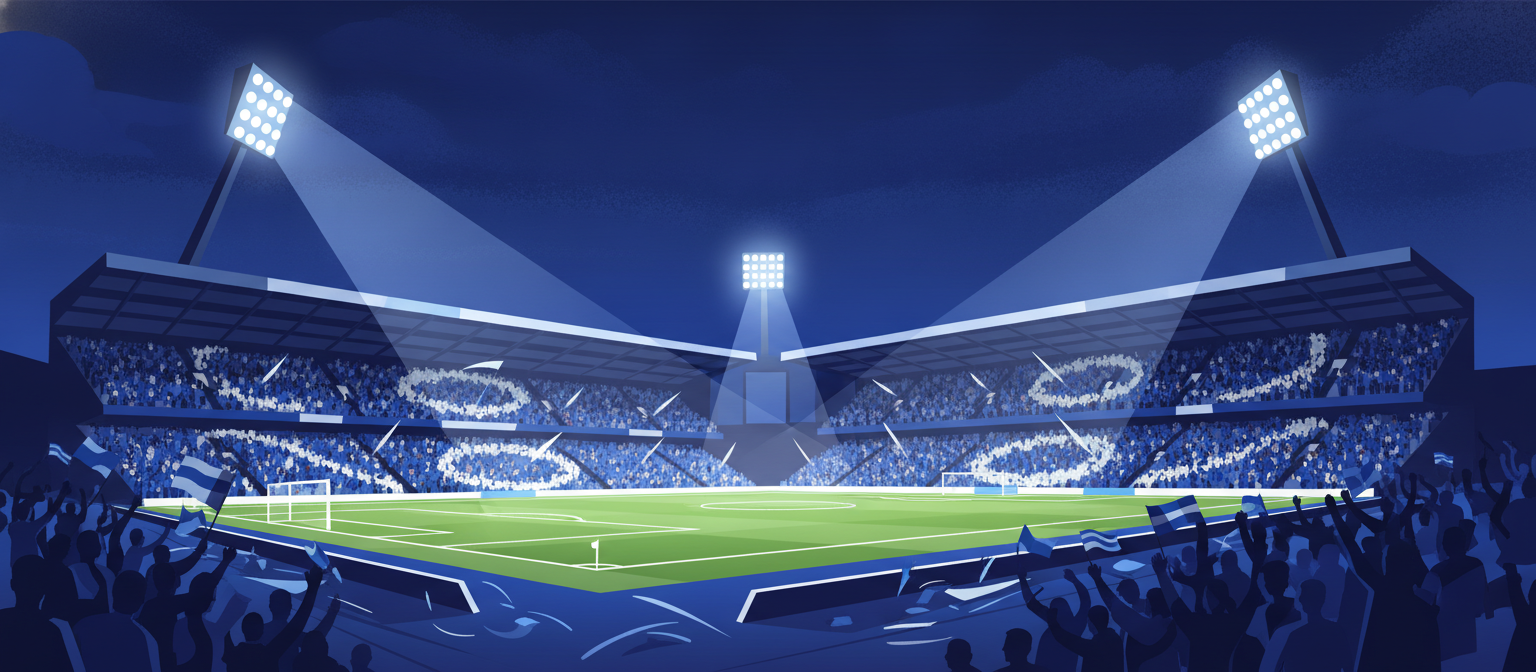 Illustration of a royal blue football stadium representing Rangers streaming