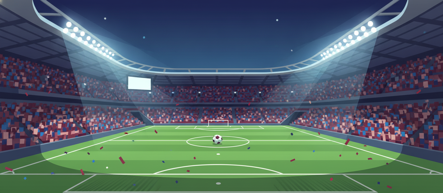 Illustration of a claret and blue London football stadium representing West Ham streaming