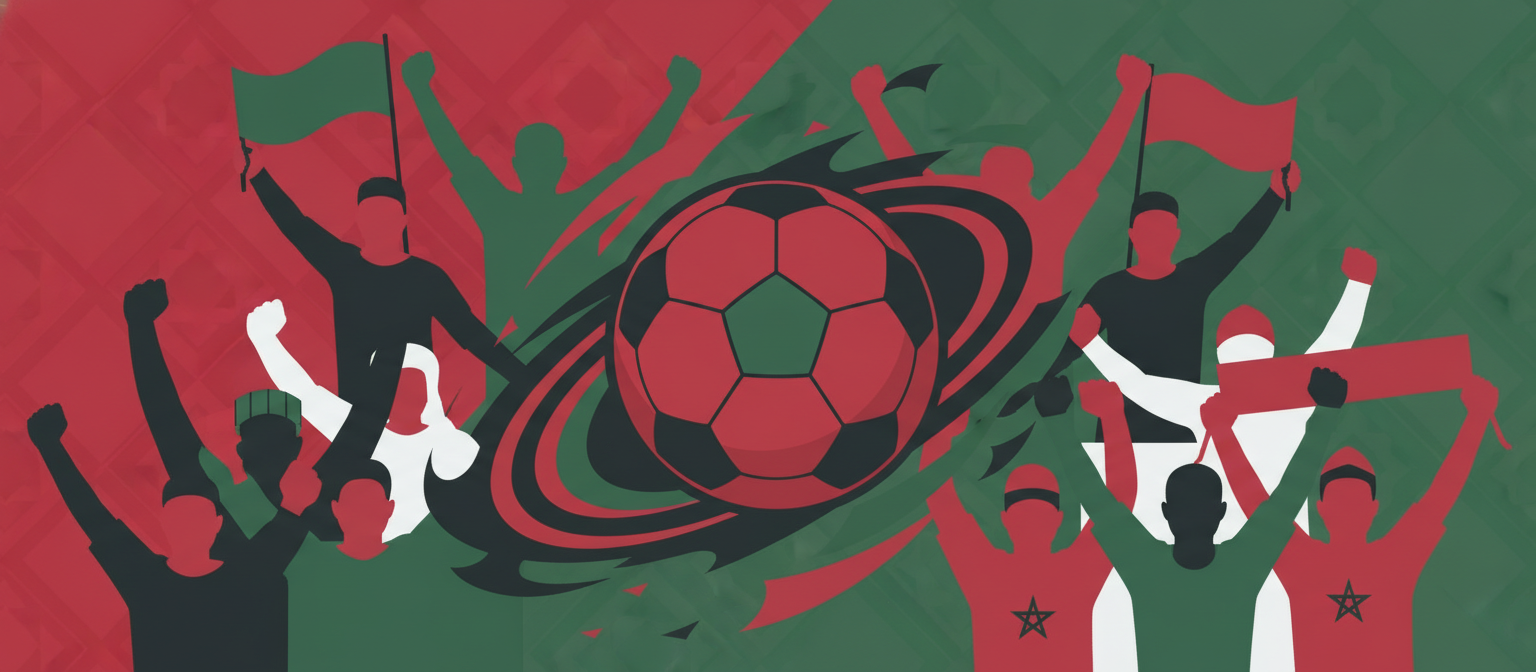 Illustration of a red and green football scene representing the Morocco national team streaming