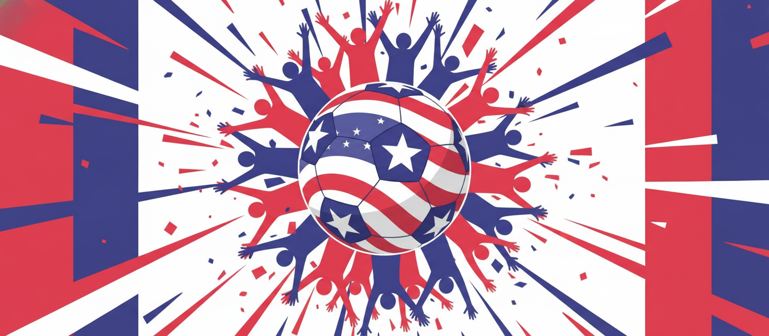Illustration of a red white and blue football scene representing the USA national team streaming