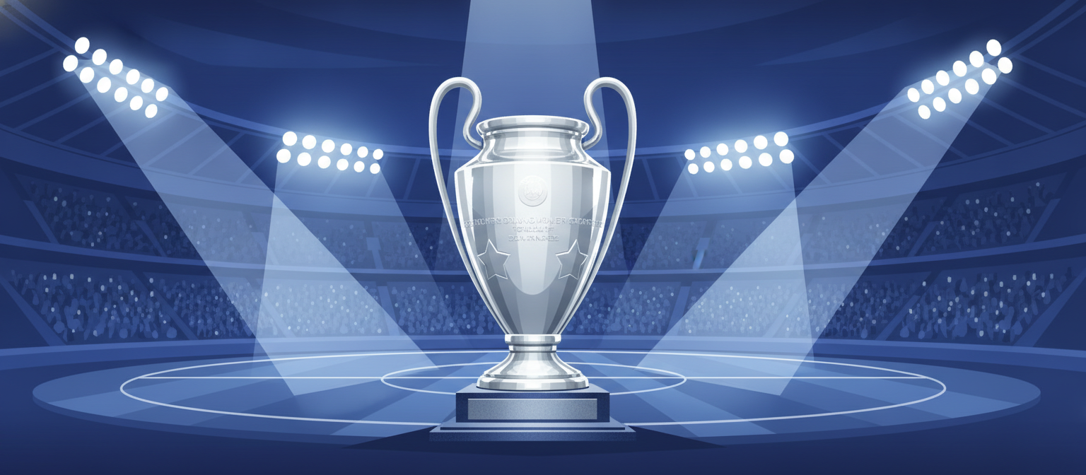 Illustration of a silver football trophy under stadium lights representing Champions League streaming