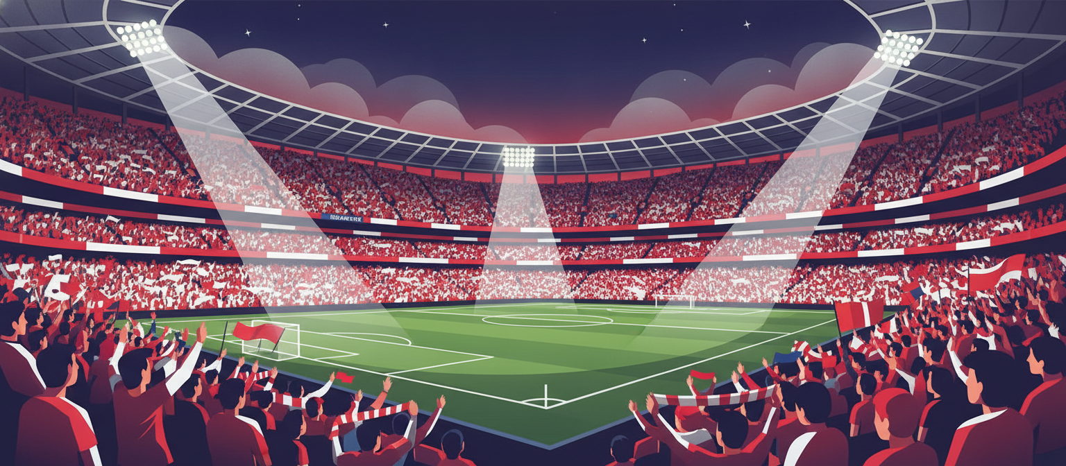 Illustration of a red and white football stadium representing Arsenal streaming