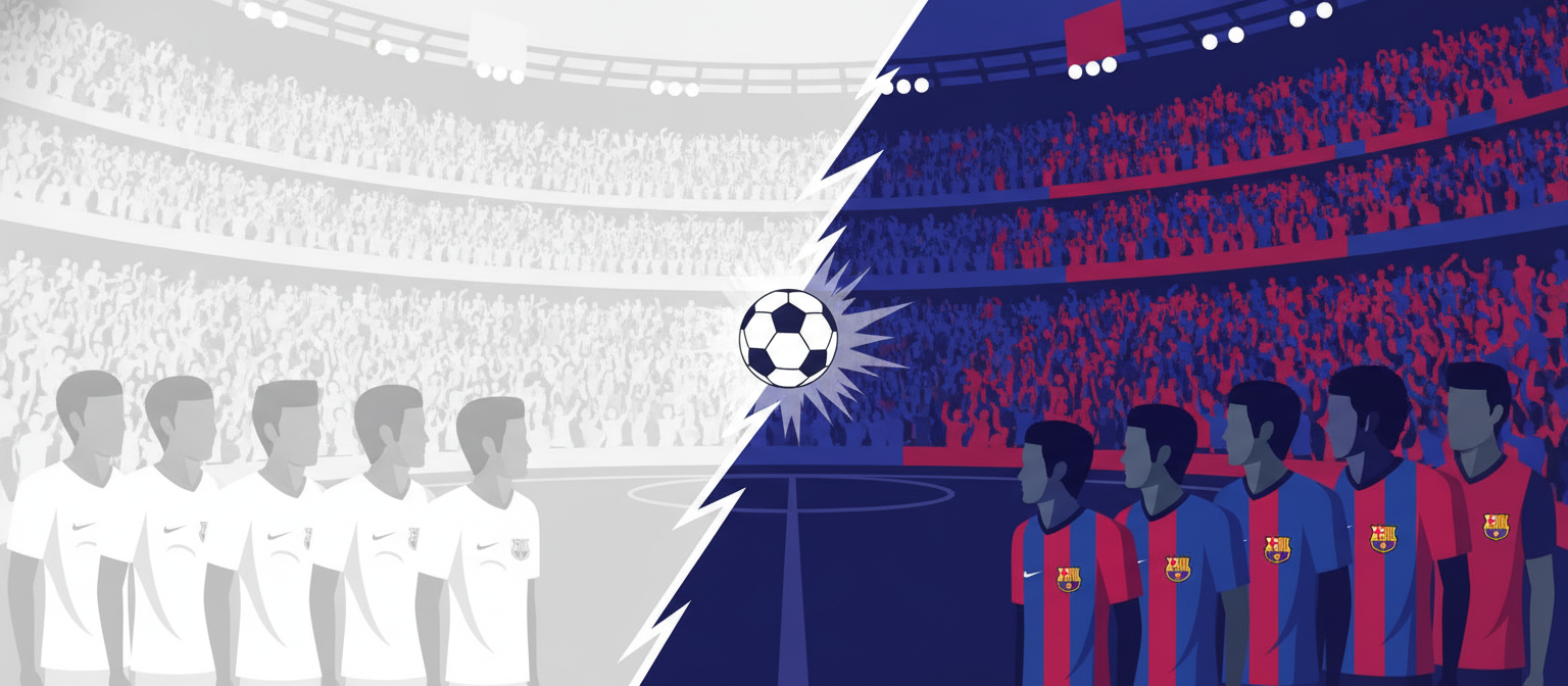 Illustration of a football rivalry split in white and blaugrana representing El Clasico streaming