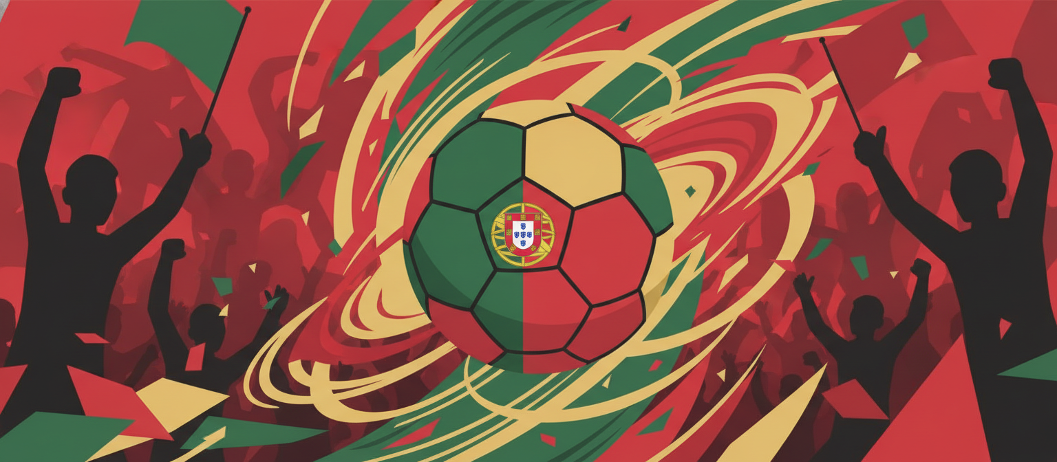 Illustration of a red and green football scene representing Portugal national team streaming