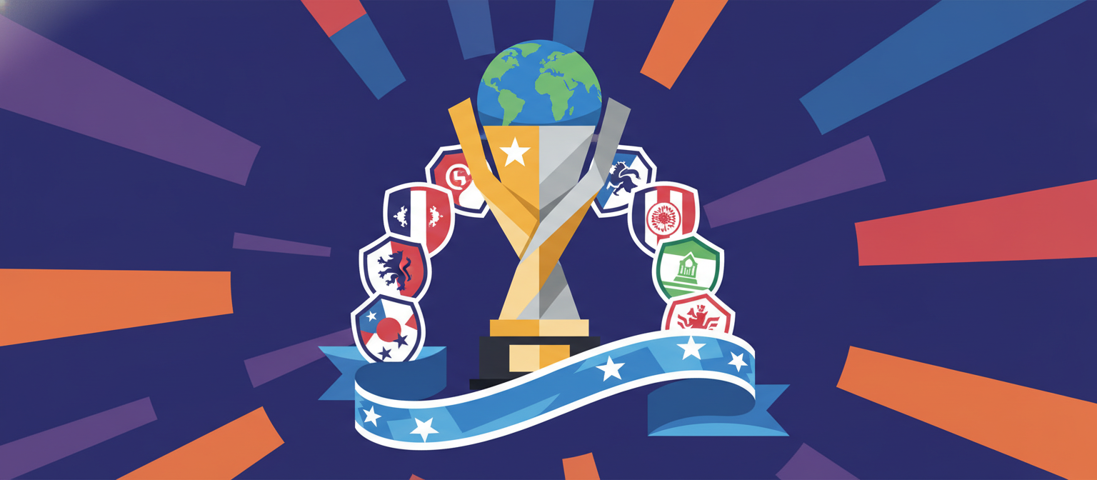 Illustration of a global club football trophy with a globe representing Club World Cup streaming