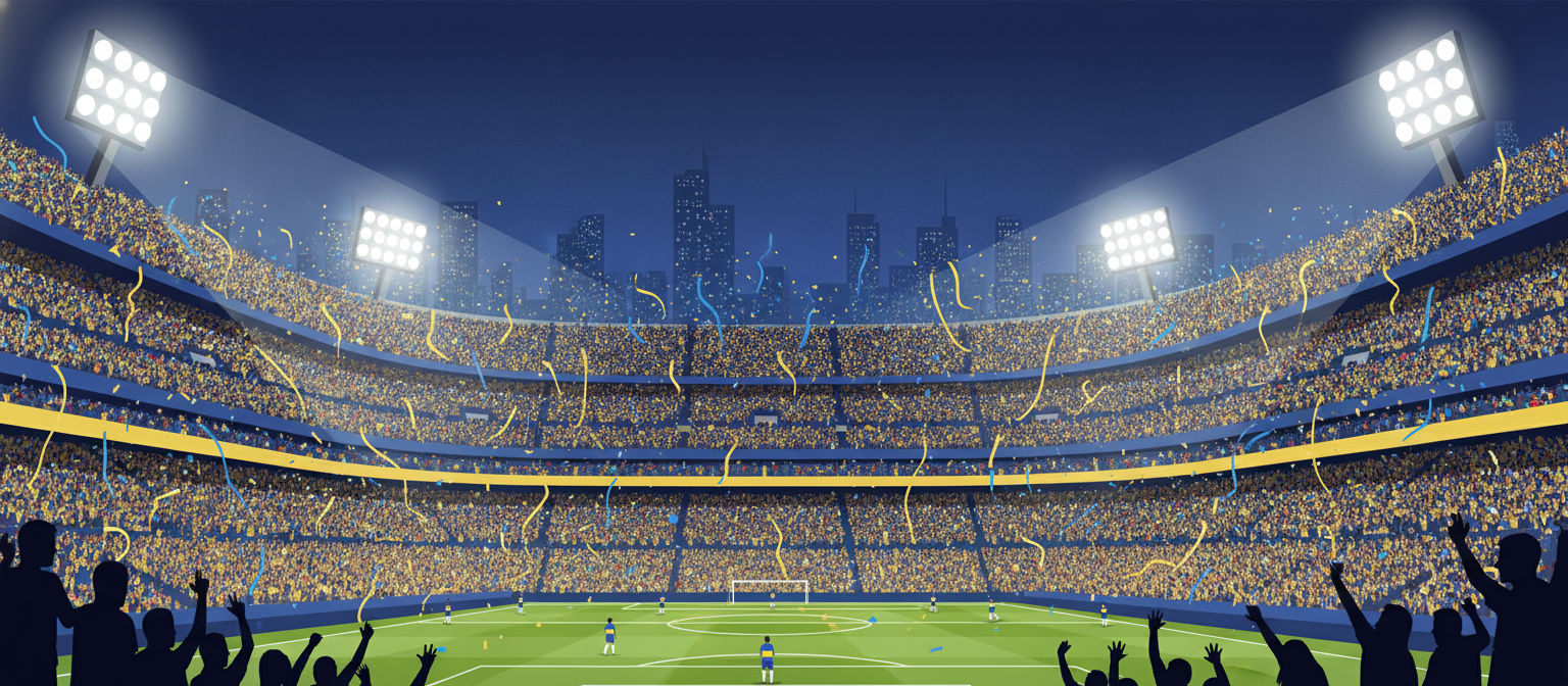 Illustration of a blue and gold football stadium representing Boca Juniors streaming