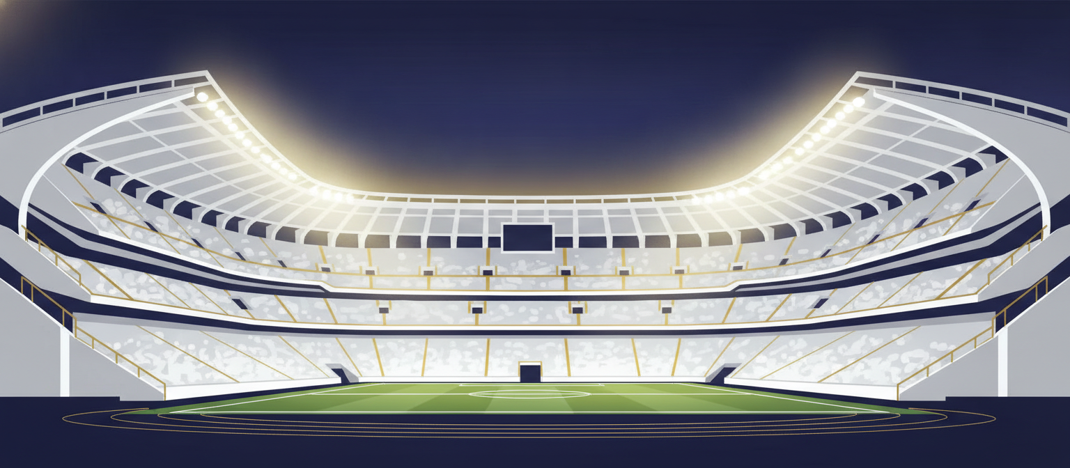 Illustration of a grand white football stadium representing Real Madrid streaming