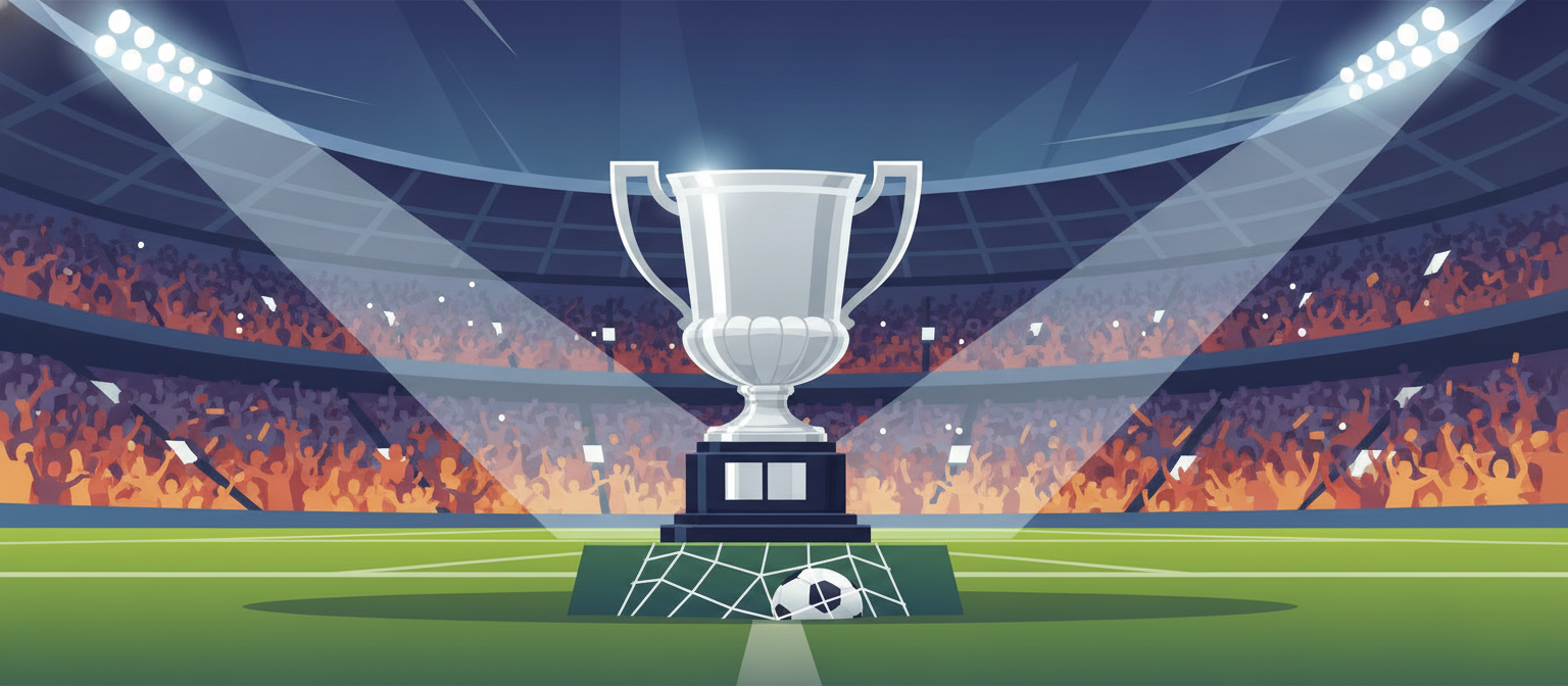 Illustration of an English league cup trophy under floodlights representing Carabao Cup streaming