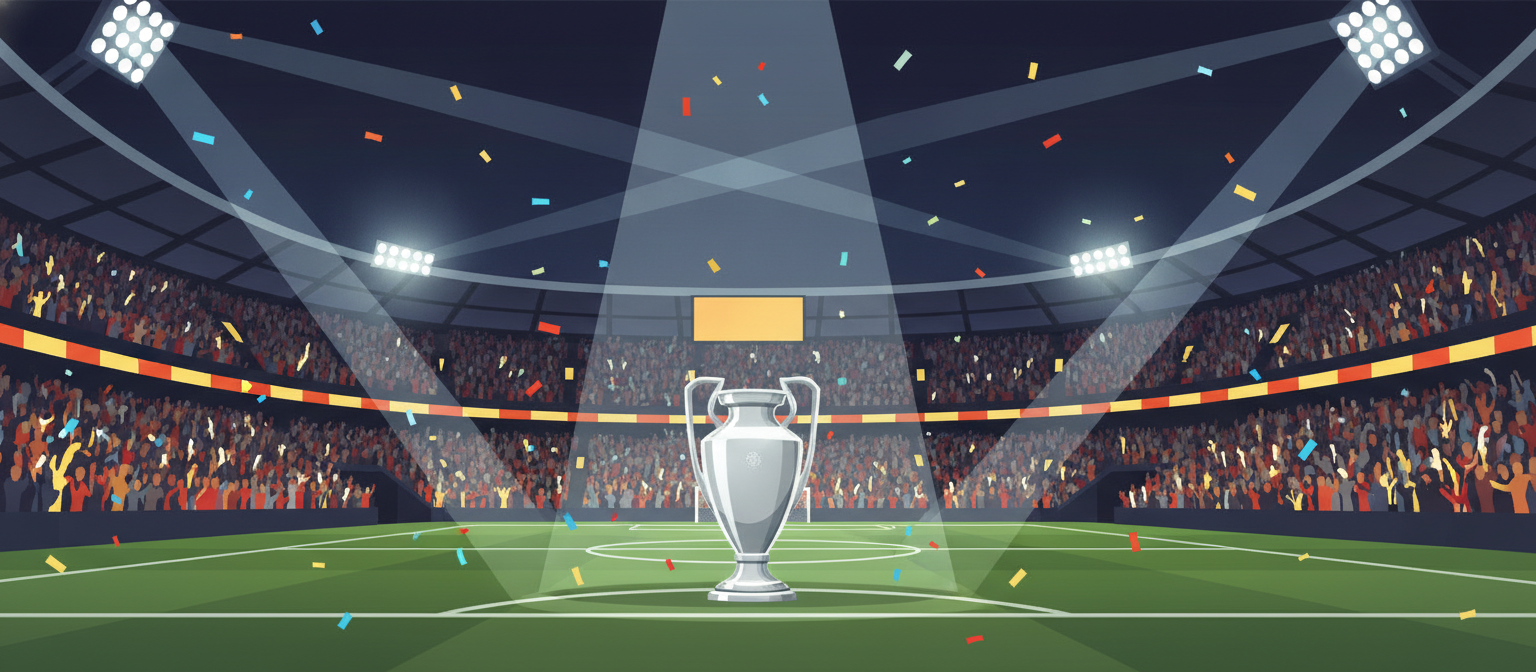 Illustration of a European football final night with a silver trophy representing Champions League final streaming