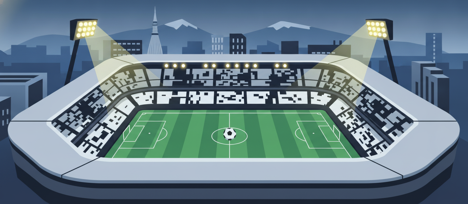 Illustration of a black and white football stadium representing Juventus streaming