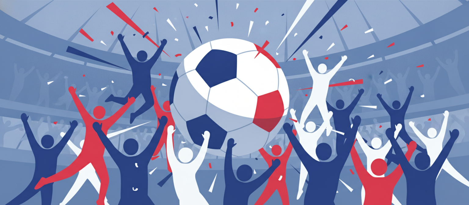 Illustration of a blue white and red football scene representing France national team streaming