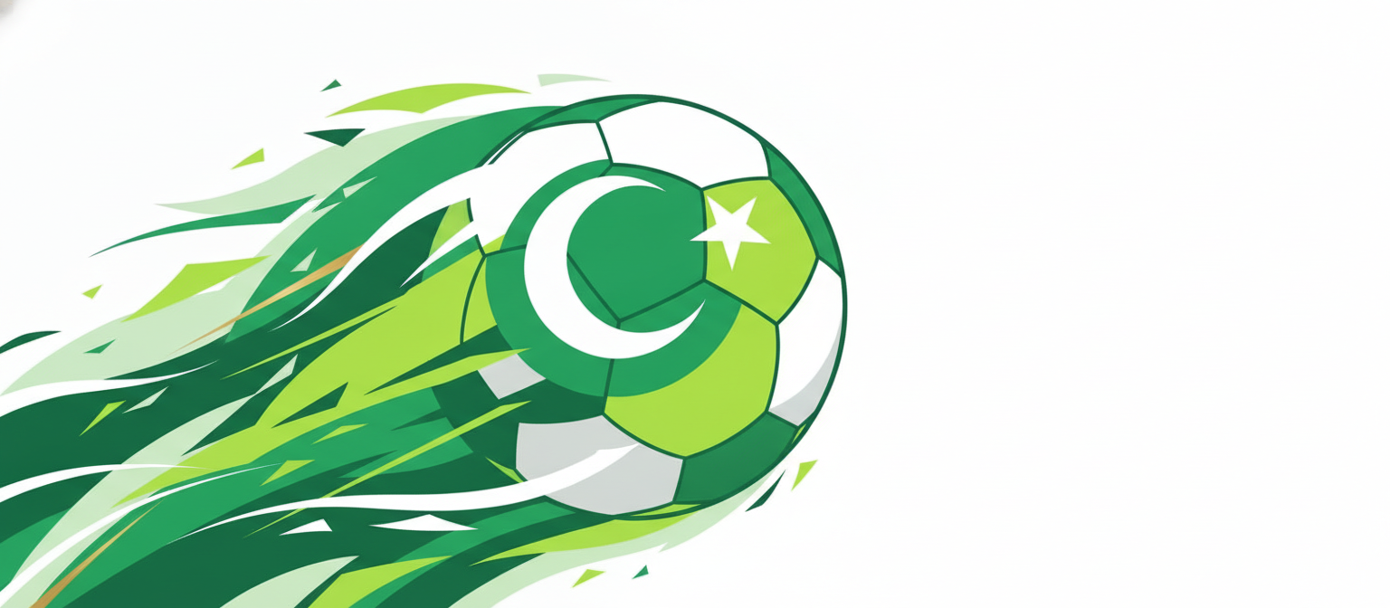 Illustration of a green and white football scene with crescent and star representing Pakistan football team streaming
