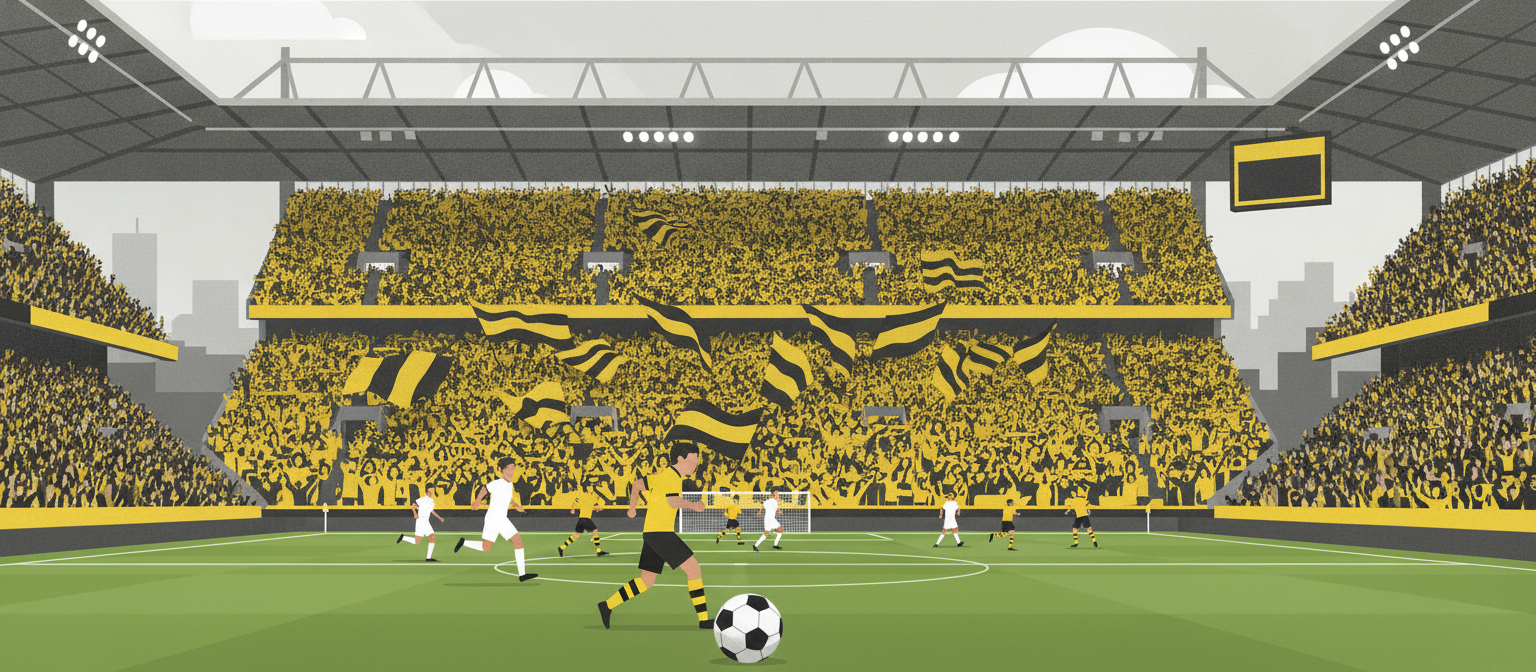 Illustration of a packed German football stadium representing Bundesliga streaming