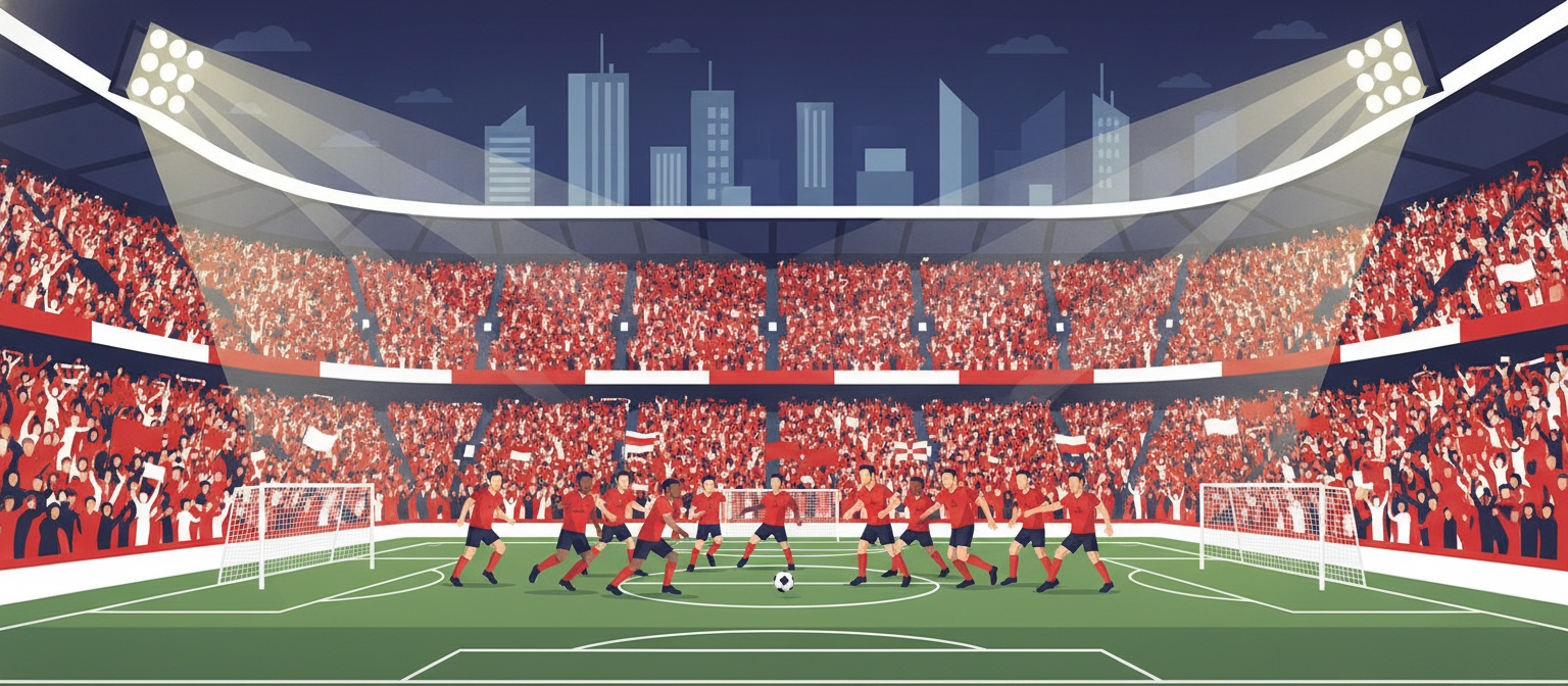 Illustration of a red and white football stadium representing Ajax streaming