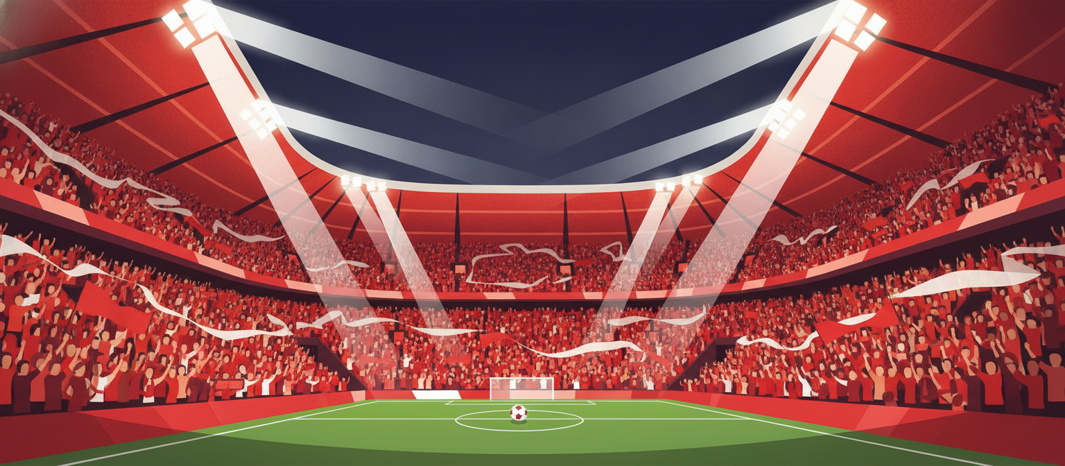 Illustration of a glowing red football arena representing Bayern Munich streaming