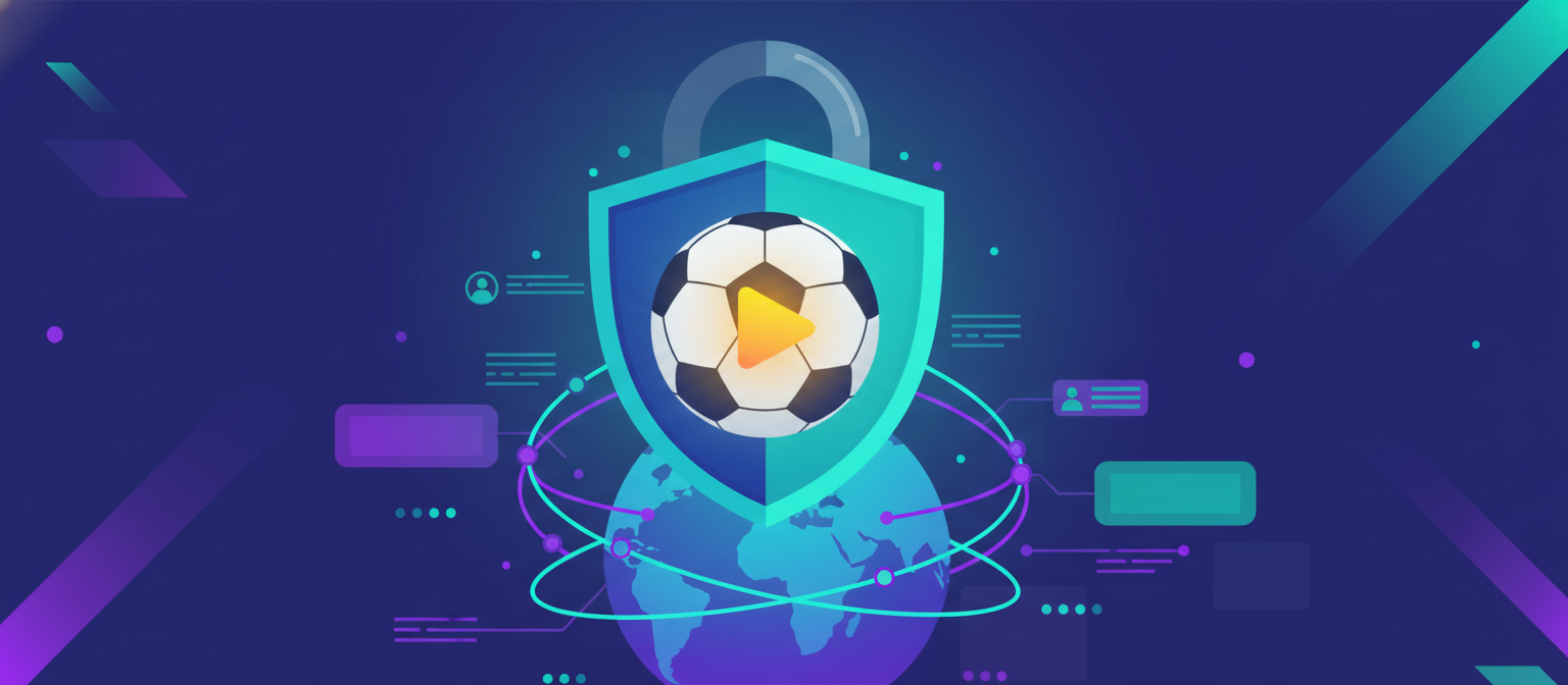 Illustration of a shield, football and globe representing a VPN for football streaming