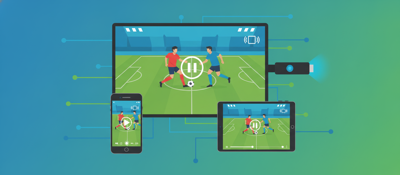 Illustration of a TV, streaming stick and phone showing football representing watching on any device