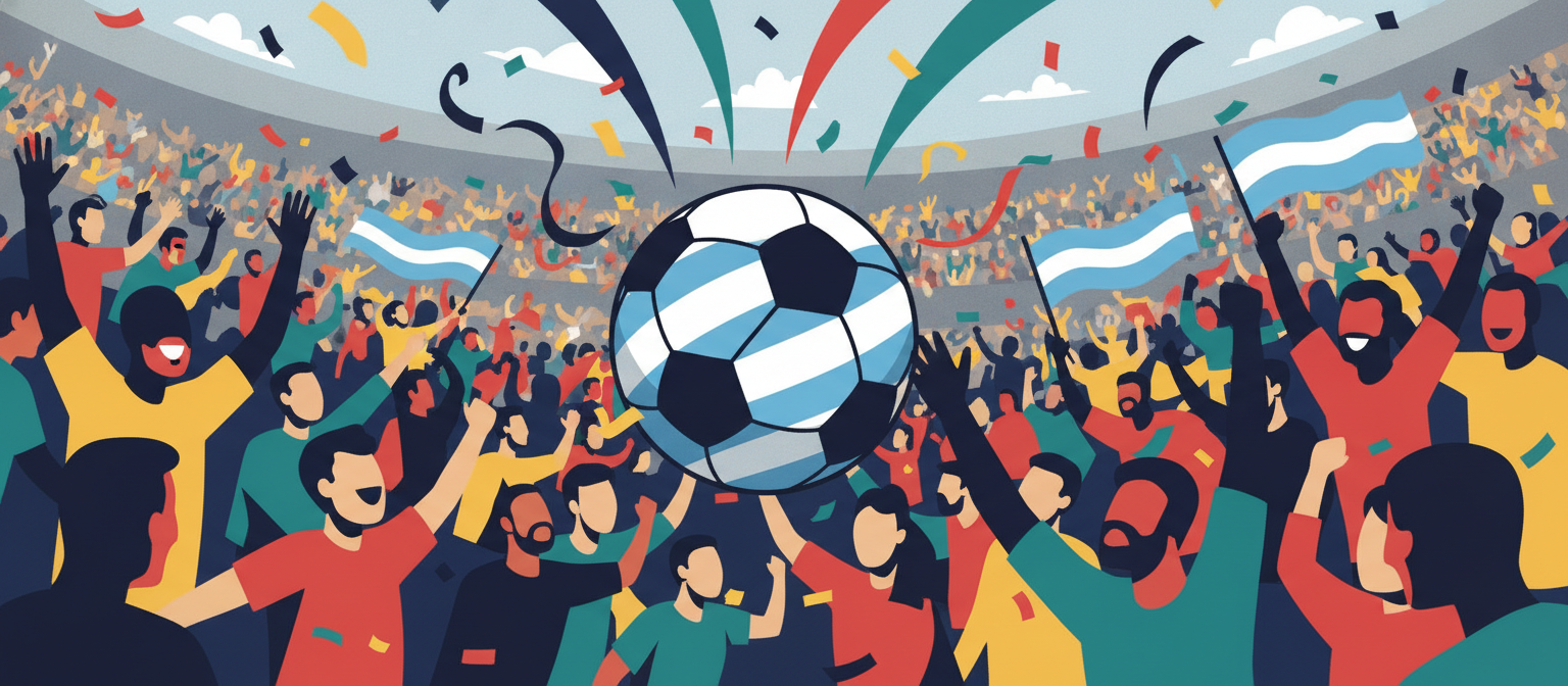 Illustration of a sky-blue and white football scene representing Argentina national team streaming