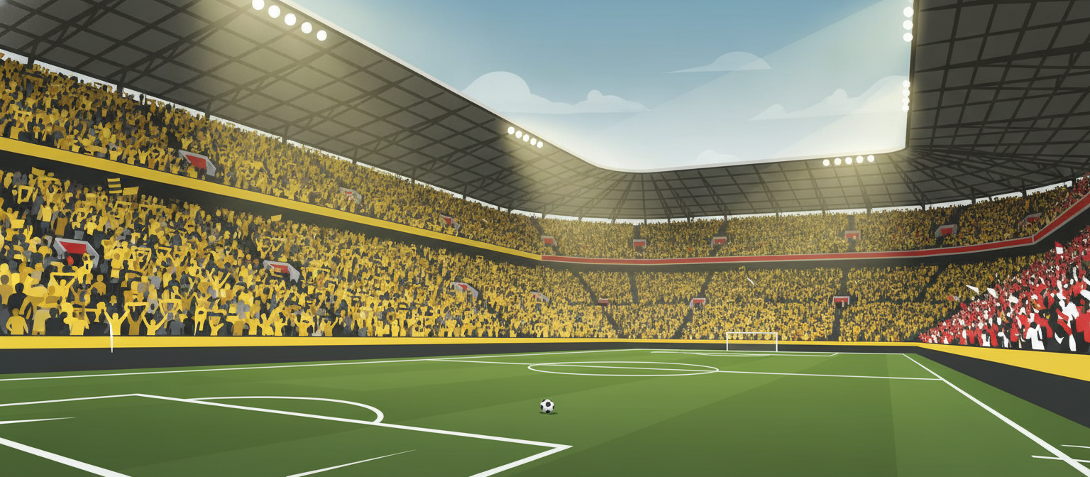 Illustration of a huge yellow and black supporter wall representing Borussia Dortmund streaming